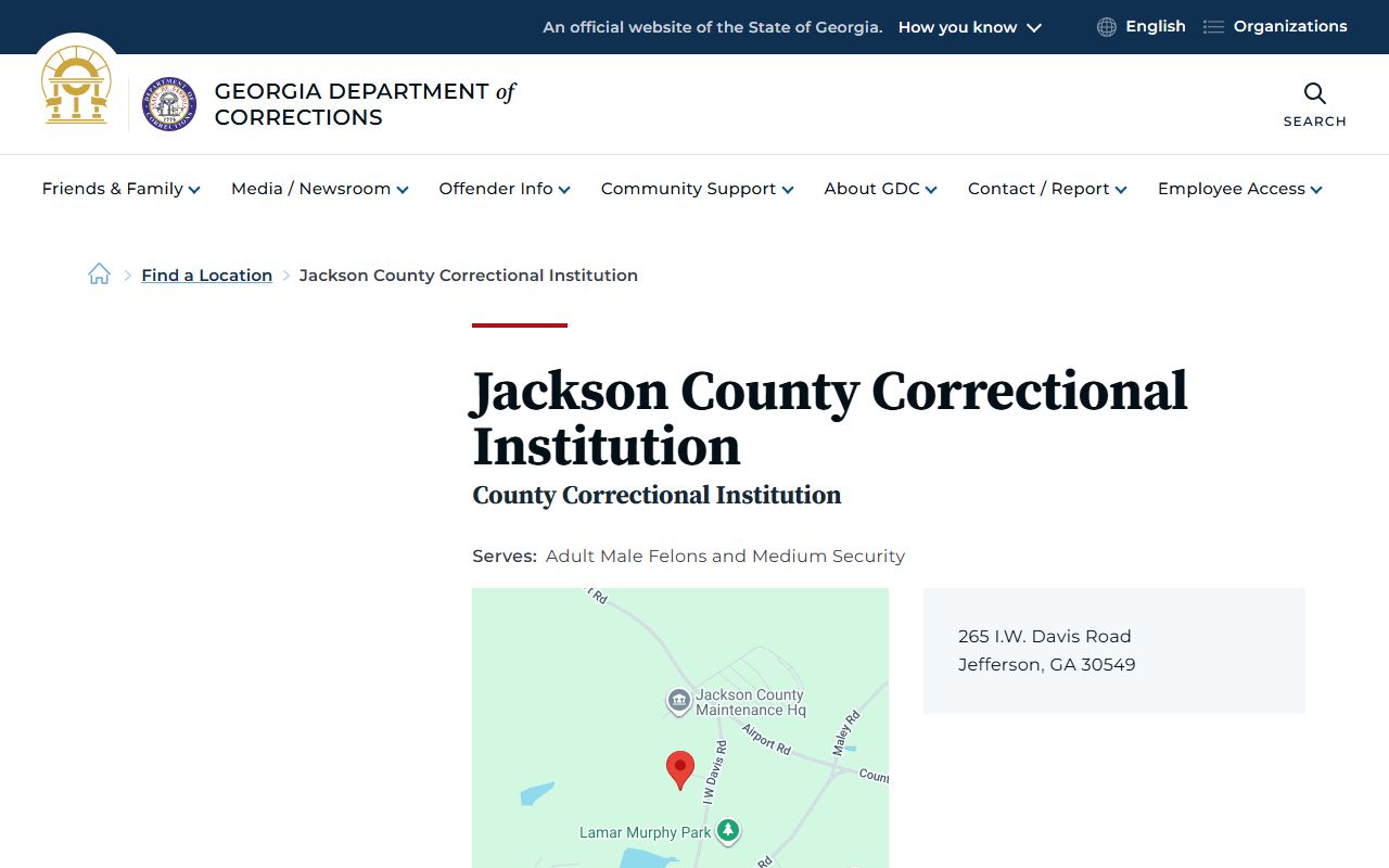 Jackson County Correctional Institution GDC facility listing