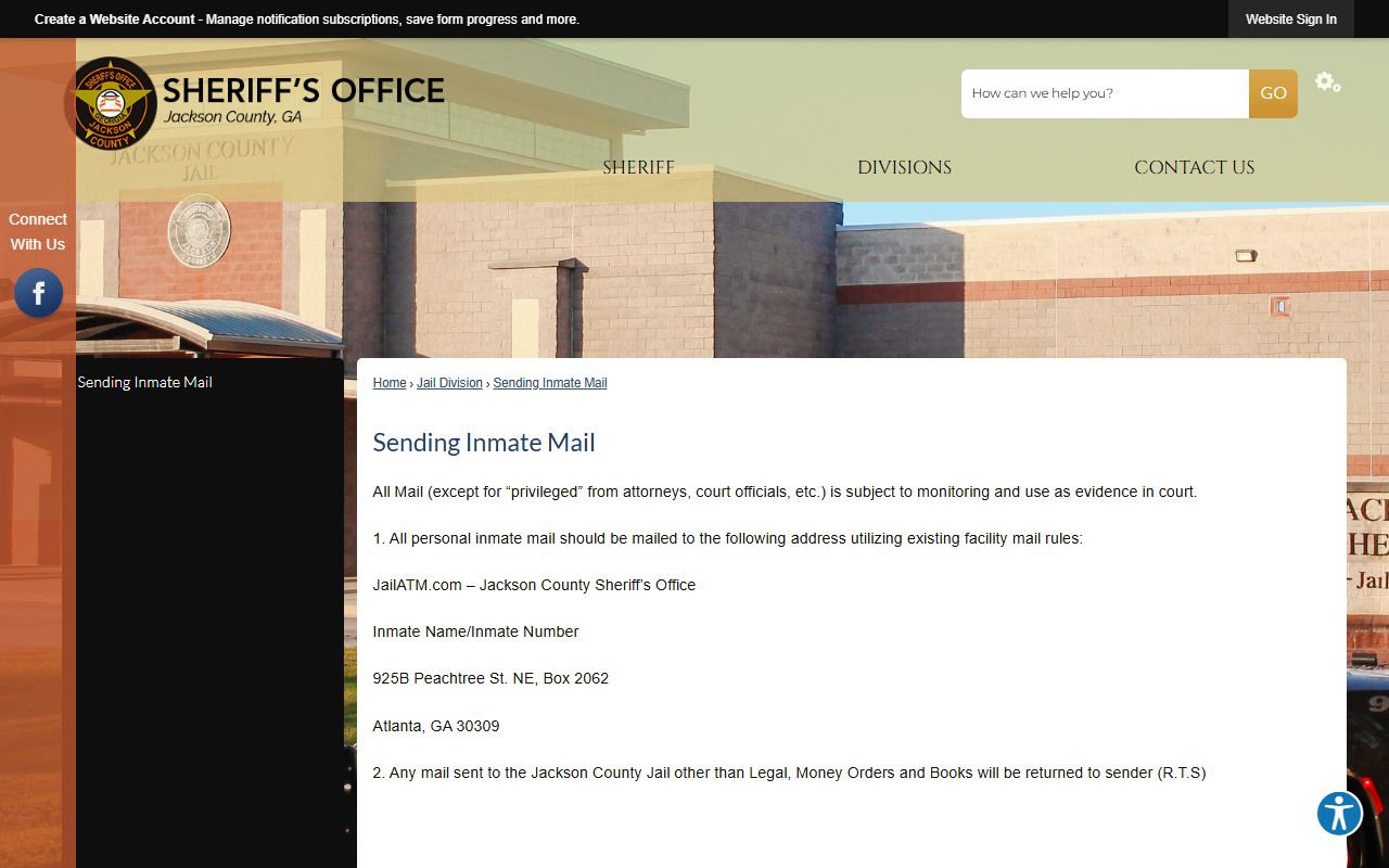 Jackson County Jail JailATM inmate mail instructions