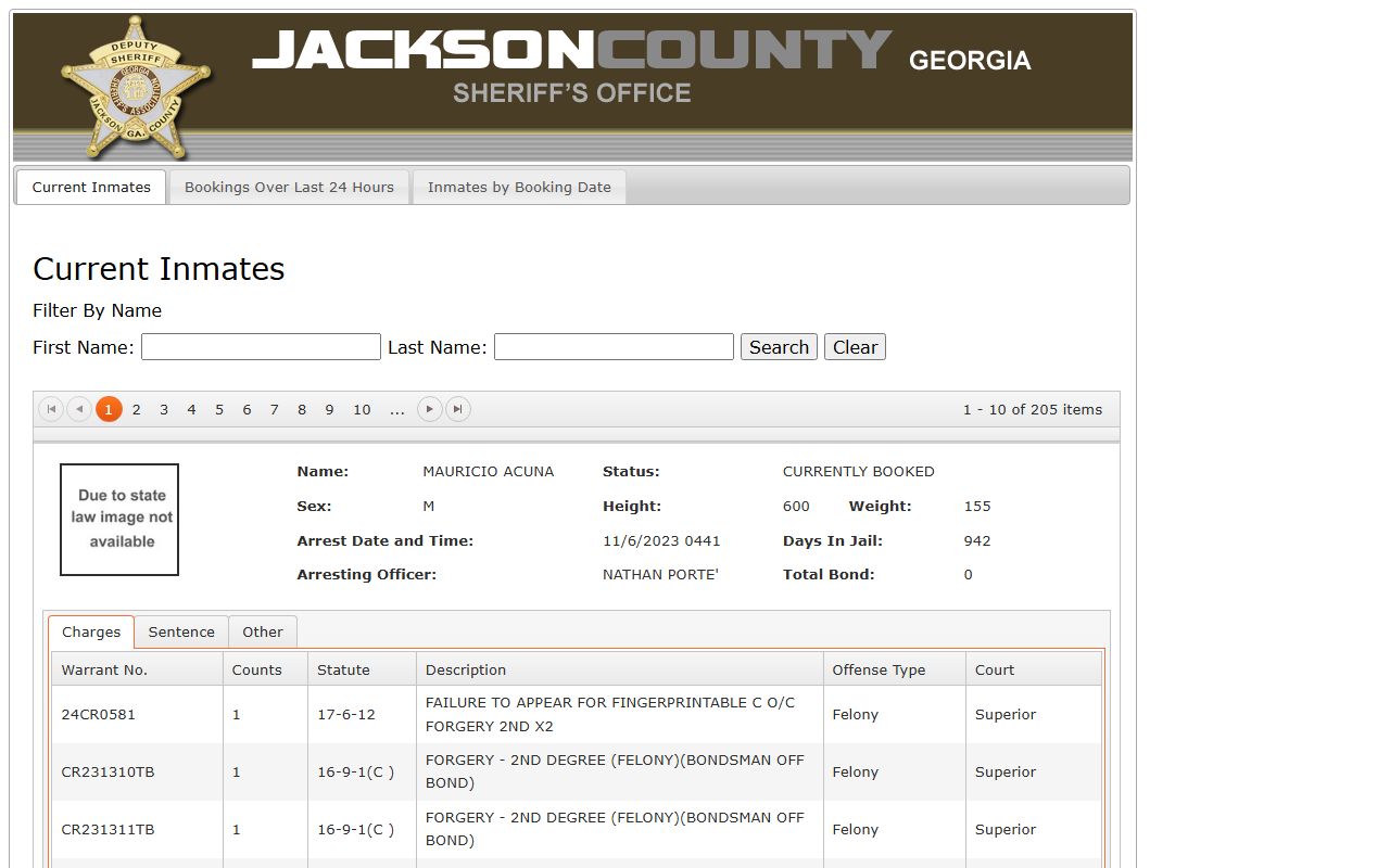 Jackson County Jail OffenderIndex roster search tabs