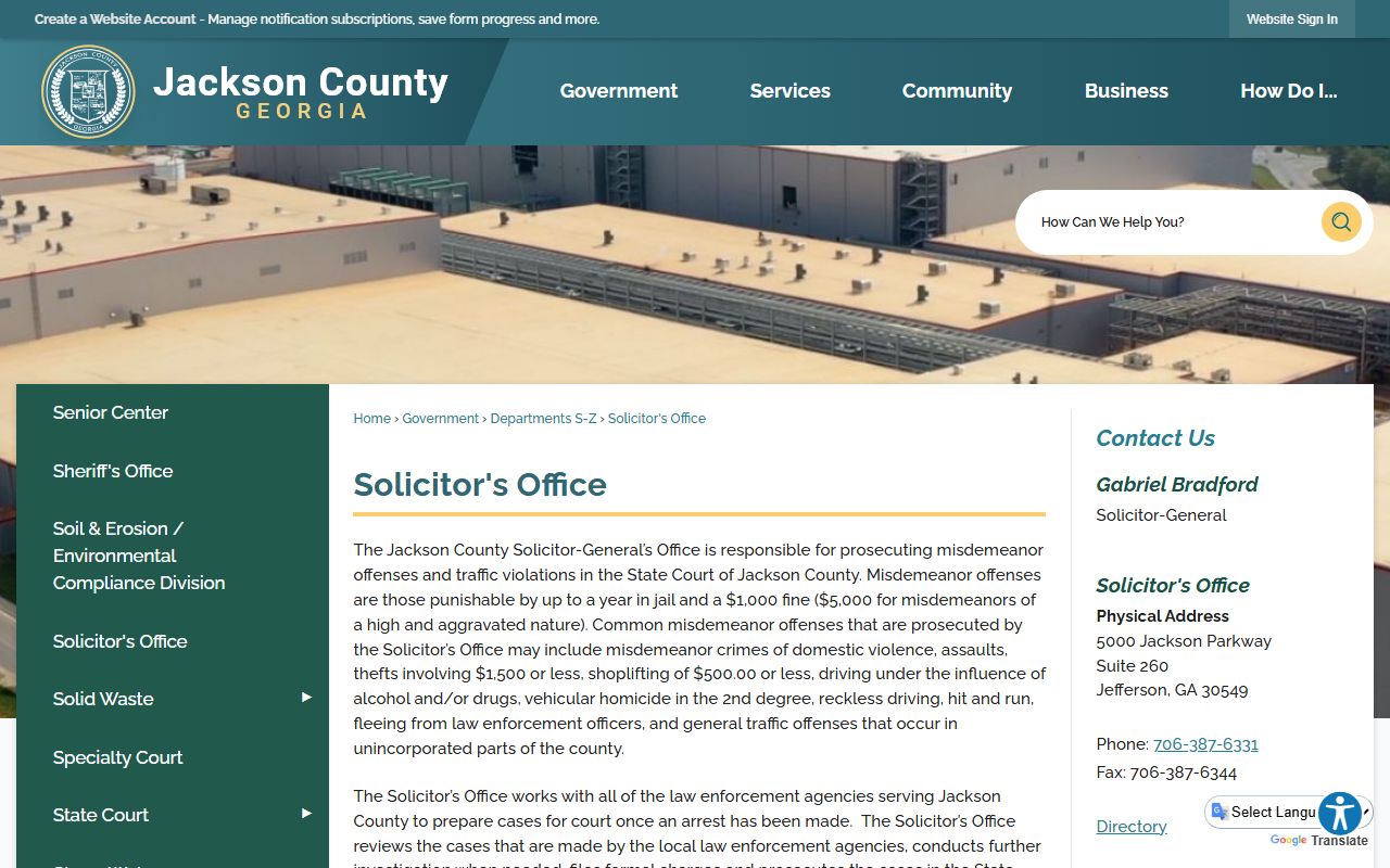Jackson County Solicitor-General page for State Court misdemeanor and traffic prosecutions